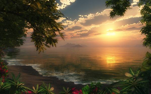 пляж, закат солнца, экзотический остров обои для рабочего стола