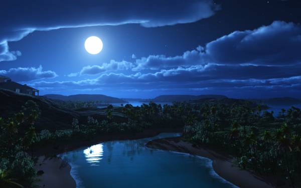 рай экзотика луна облака ночь пальмы острова обои для рабочего стола
