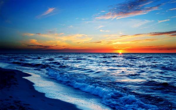 берег моря волны небо закат солнца обои для рабочего стола