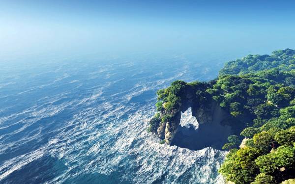 остров, скалы, океан с высоты птичьего полета обои для рабочего стола