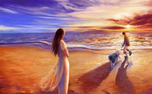 Обои парень девушка и собака гуляют на берегу моря на рабочий стол
