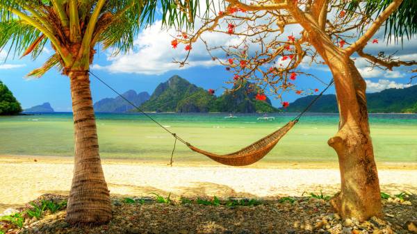 экзотические острова, пляж, море, пальмы, гамак обои для рабочего стола