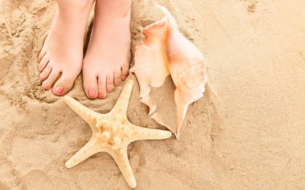 ноги на песке возле ракушки и звезды обои для рабочего стола