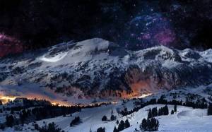 Обои зима, горы, космос, звезды, созвездия, ночь на рабочий стол