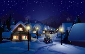 Обои новый год в деревне, елка, домики, зима, снег на рабочий стол