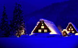 Обои домики в снегу, горы, лес, сугробы, ночь, природа на рабочий стол