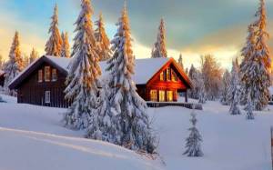 Обои дом в лесу зимой, елки, снег, сугробы на рабочий стол