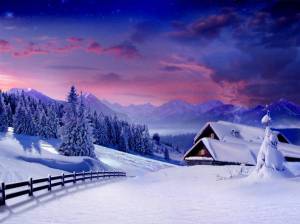 Обои зима, лес, горы, домики в снегу, сугробы, вечер на рабочий стол
