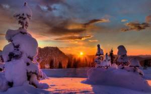 Обои деревья в снегу, закат солнца, зима, горы, облака на рабочий стол