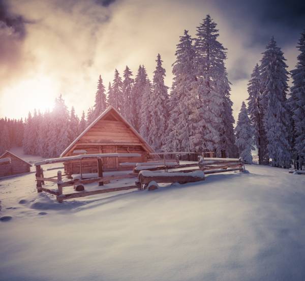 дом, снег, сугробы, зима, лес, елки обои для рабочего стола