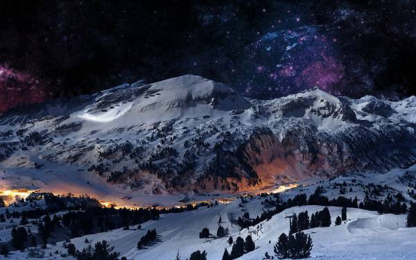 зима, горы, космос, звезды, созвездия, ночь обои для рабочего стола