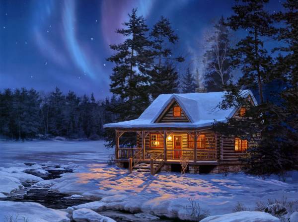 деревянный дом в лесу зимой обои для рабочего стола
