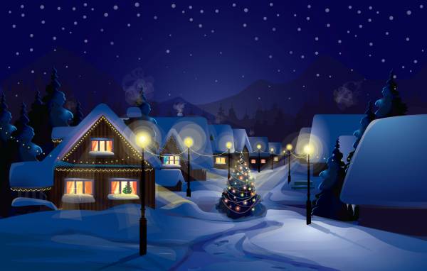 новый год в деревне, елка, домики, зима, снег обои для рабочего стола
