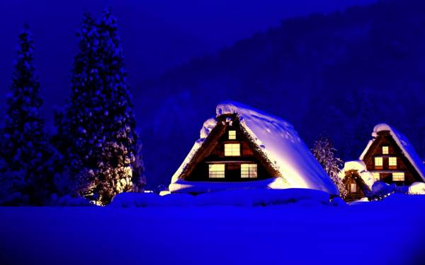 домики в снегу, горы, лес, сугробы, ночь, природа обои для рабочего стола