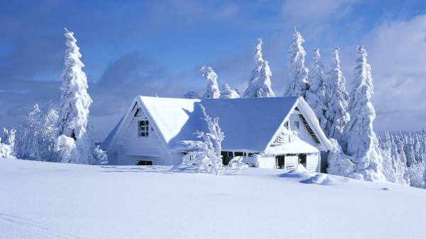 зима дом в снегу деревья засыпанные снегом обои для рабочего стола