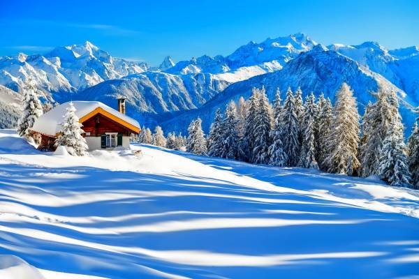 зима, горы, лес, домик, природа, мороз обои для рабочего стола