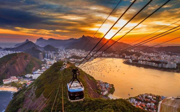 канатная дорога в Рио-де-Жанейро закат горы дома обои для рабочего стола