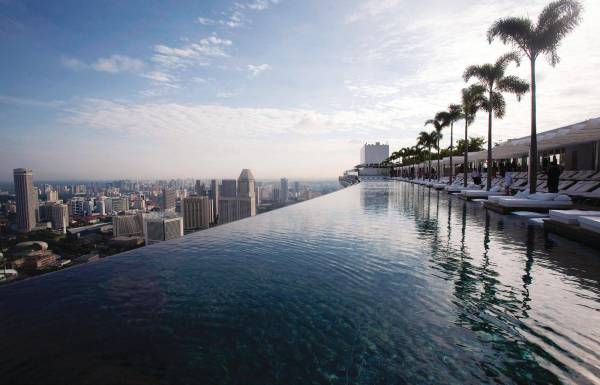 огромный бассейн на крыше отеля в Сингапуре обои для рабочего стола