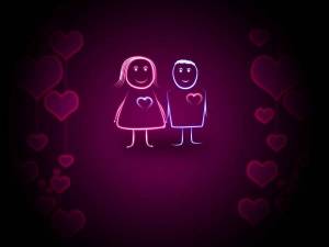 Обои рисунок влюбленной пары с сердцами фиолетовый фон на рабочий стол
