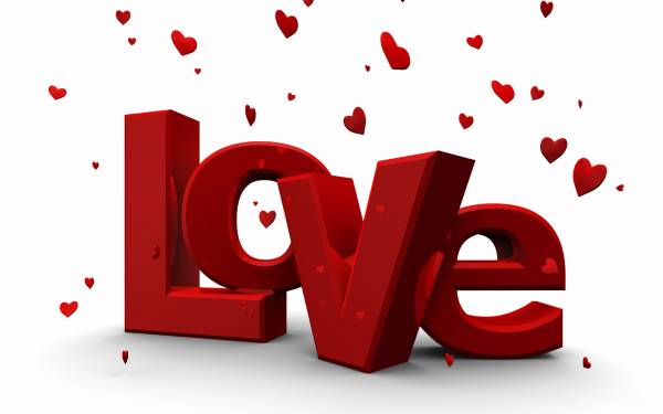 слово LOVE в 3D стиле и фейерверком из сердечек обои для рабочего стола