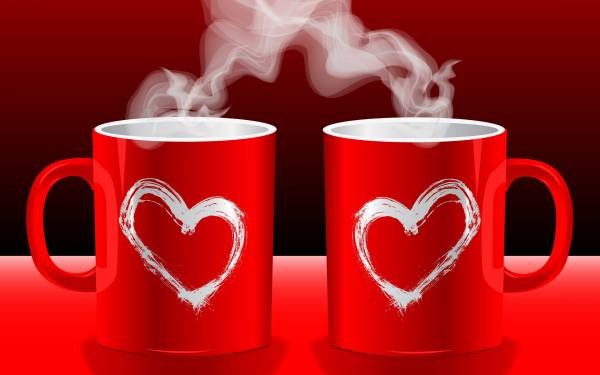две чашки с нарисованными сердцами, пар из чашек обои для рабочего стола