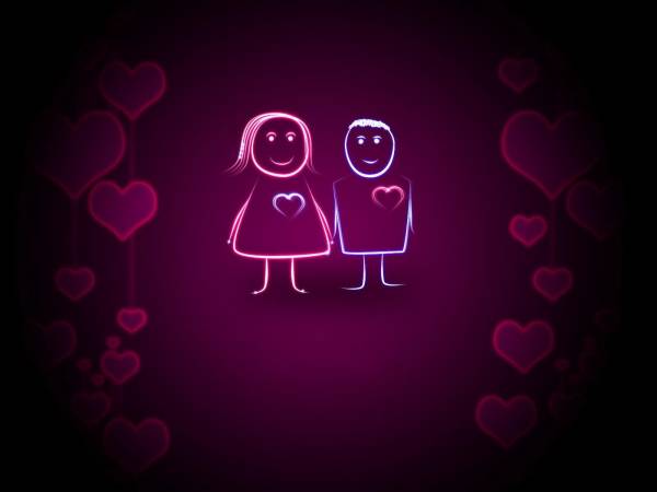 рисунок влюбленной пары с сердцами фиолетовый фон обои для рабочего стола