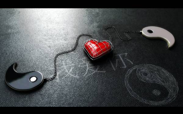 Инь и Янь с сердечком связанные цепочкой обои для рабочего стола