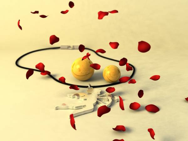 кулон амура возле шаров в лепестках розы обои для рабочего стола