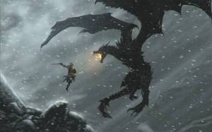 Обои Skyrim огненный дракон бьется с воином Довакиным на рабочий стол