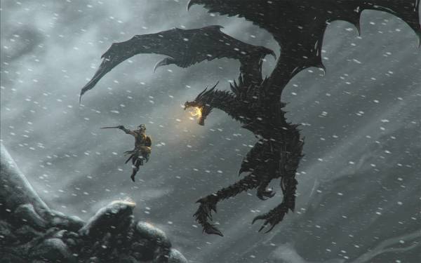 Skyrim огненный дракон бьется с воином Довакиным обои для рабочего стола