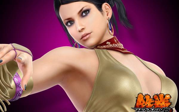 Zafina из игры Tekken на темно фиолетовом фоне обои для рабочего стола
