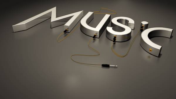 3D надпись Music с музыкальными шнурами обои для рабочего стола