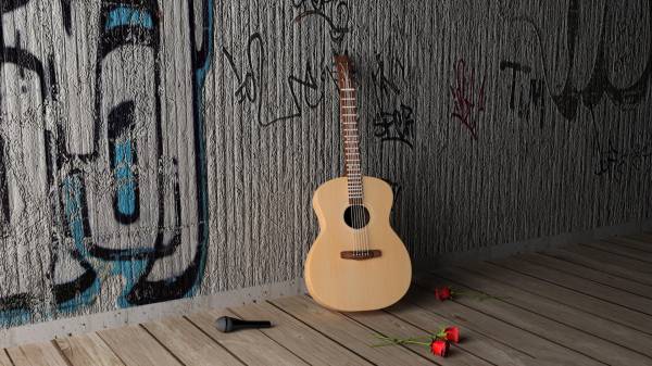 Акустическая гитара возле стены, микрофон и розы обои для рабочего стола