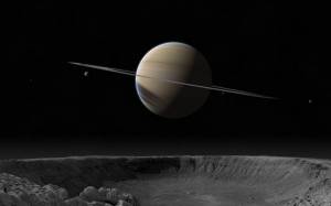 Обои планета Сатурн фото возле кратера луны на рабочий стол