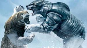 Обои два белых медведя в броне борются на снегу на рабочий стол