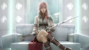 Обои Final Fantasy девушка с оружием сидит на диване на рабочий стол