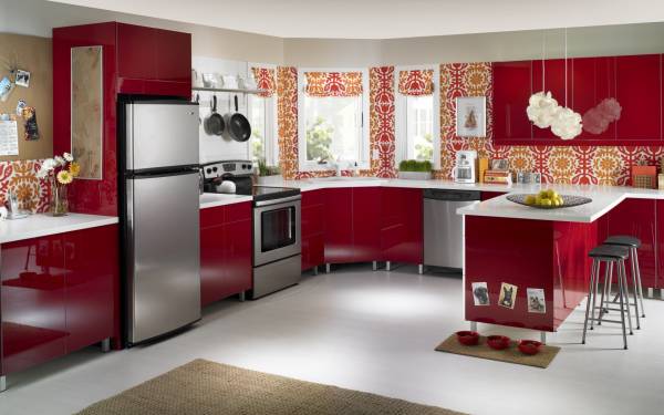 интерьер кухни выполненный в красно белом стиле обои для рабочего стола