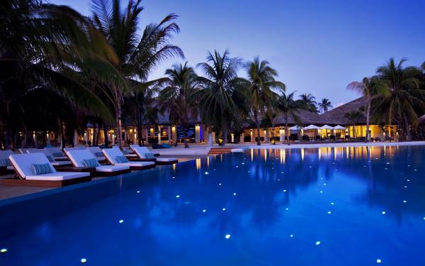 отель отдых экзотика пальмы бассейн бунгало домики обои для рабочего стола