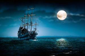 Обои старинный корабль плывет ночью на море под луной на рабочий стол