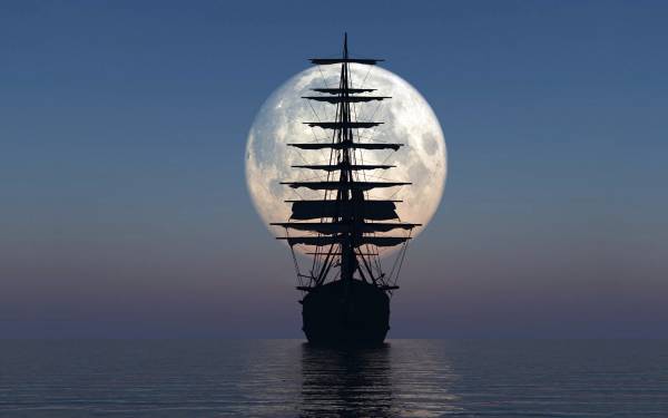 силуэт корабля с парусами ночью на фоне луны обои для рабочего стола