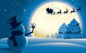 Обои снеговик, сани, олени, новый год, дед мороз, луна на рабочий стол