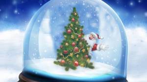 Обои новогодняя елка и Дед Мороз в стеклянном шаре на рабочий стол