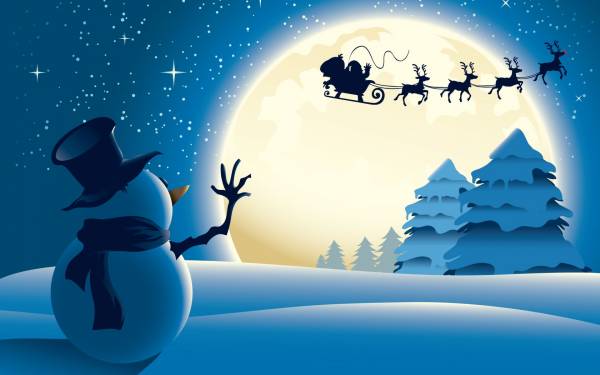 снеговик, сани, олени, новый год, дед мороз, луна обои для рабочего стола
