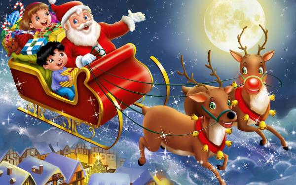 олени везут Санта Клауса с детьми на санях обои для рабочего стола