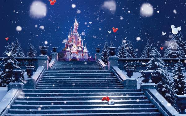 сказочный замок, новогодняя ночь, зима, снег обои для рабочего стола