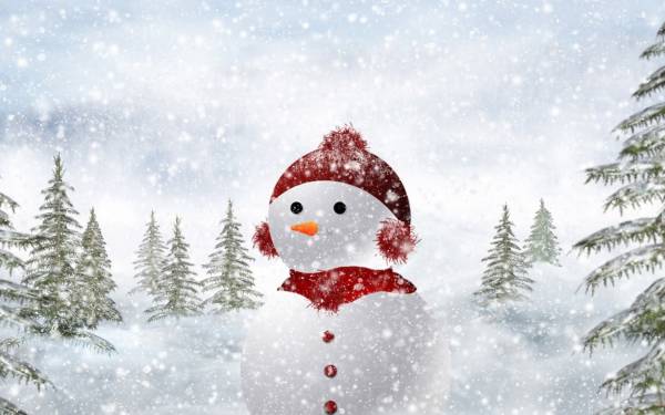 снеговик в лесу падает снег елки зима новый год обои для рабочего стола