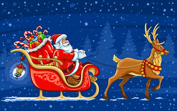 Дед Мороз едет в санях с мешком подарков для детей обои для рабочего стола