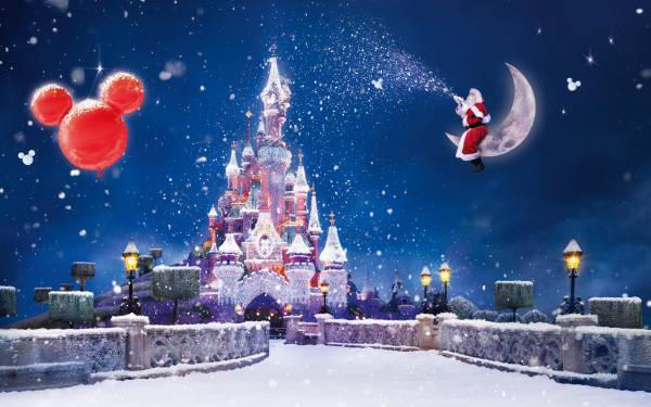 замок Disneyland, Санта, снег, новогодняя сказка обои для рабочего стола