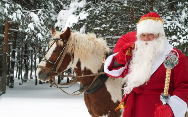 Дед Мороз с лошадью в лесу зимой на новый год обои для рабочего стола