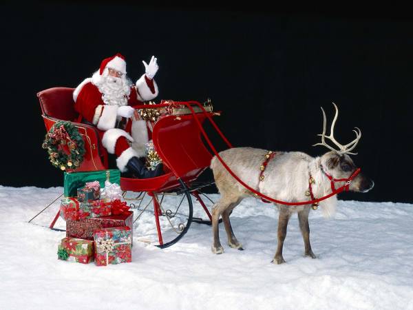 Дед мороз в санях с подарками и северным оленем обои для рабочего стола